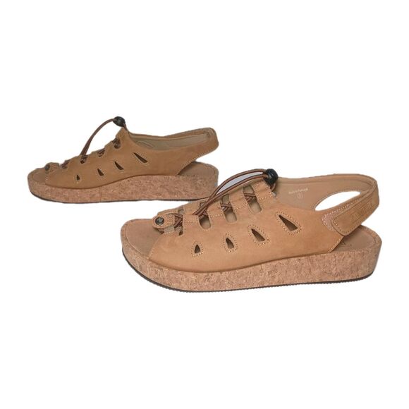 Pandere Traveler Cork Wedge Sandals 8 Tan Nubuck Leather Wide Swollen Feet - Picture 1 of 14